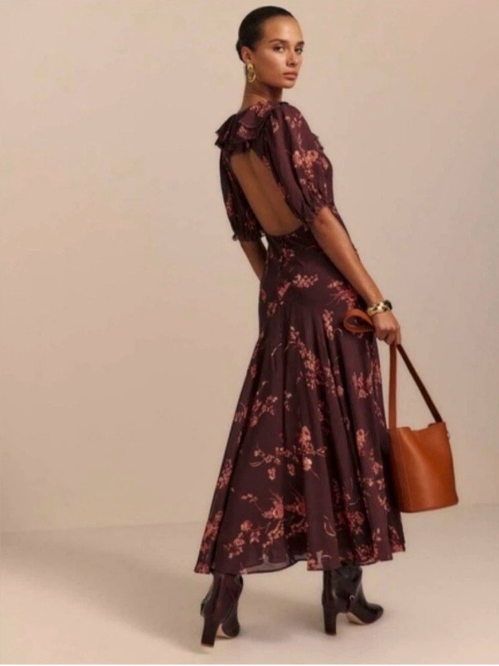 New Reformation Women Brown Orange Floral Maxi Dress Size 4
